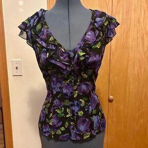 bebe Purple and Green Floral Ruffle Blouse